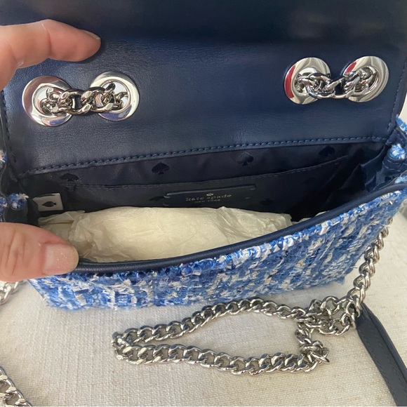 KATE SPADE NWOT Blue Tweed Shoulder Bag Silver Chain - Picture 6 of 6